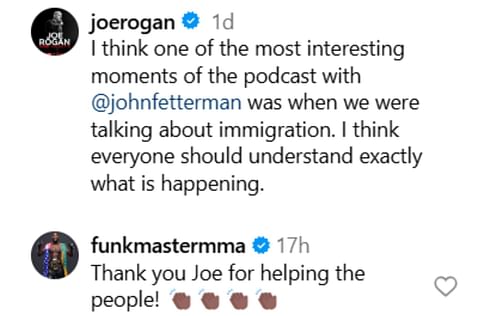 Aljamain Streling's comment on Joe Rogan's Instagram post. [Screeenshot courtesy: @joerogan on Instagram]