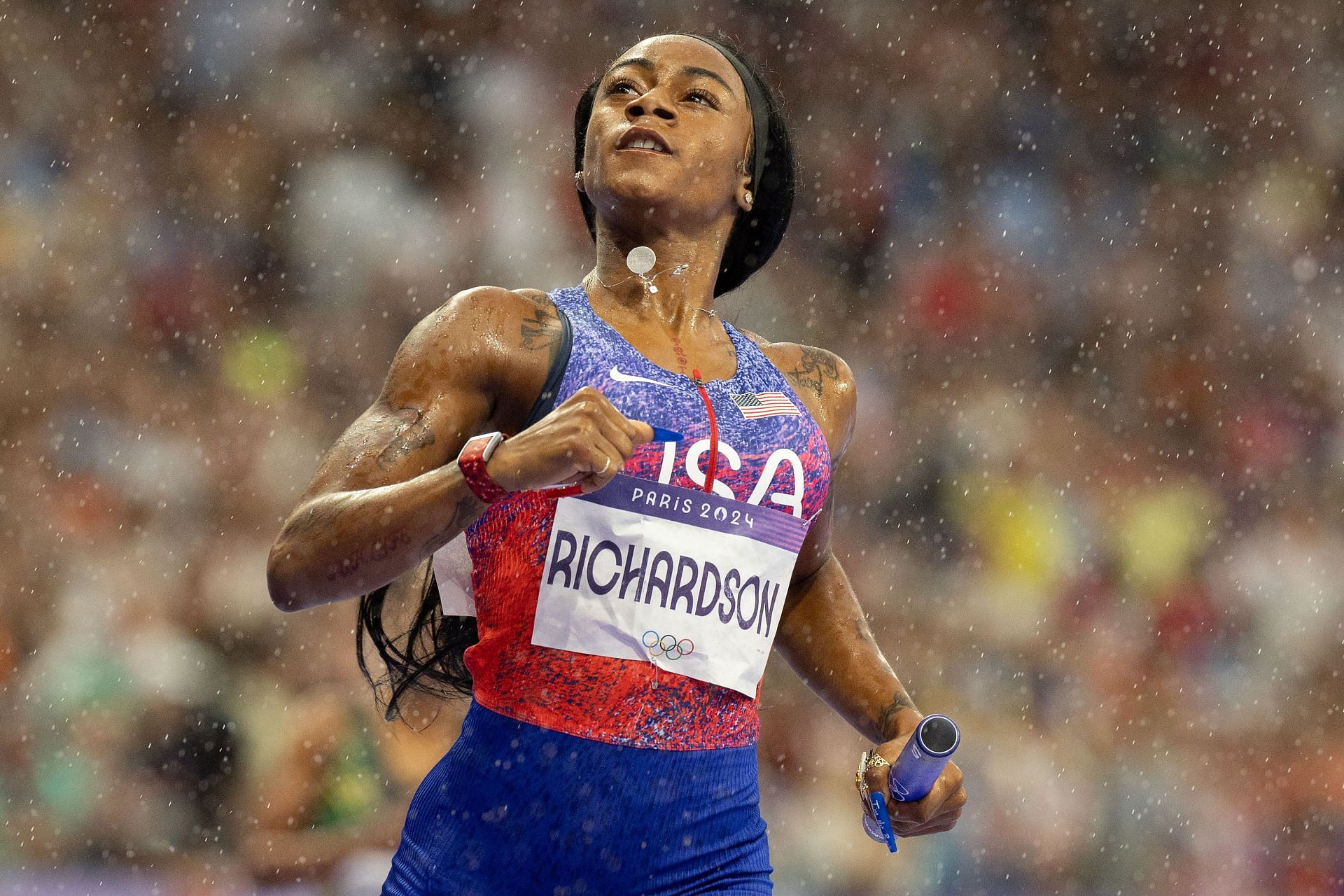 Sha&#039;Carri Richardson of the United States reacts to winning the gold medal in the Women&#039;s 4x100m relay at the Olympic Games 2024 in Paris, France. (Image Source: Getty)