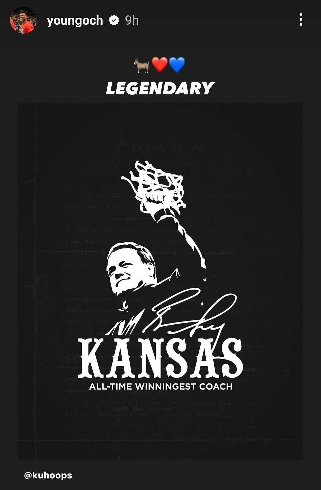 Ochai Ogbaji reacts to Kansas&#039; Instagram post celebrating head coach Bill Self becoming the all-time winningest coach in program history. (Screenshot of Ochai Ogbaji&#039;s Instagram story post)