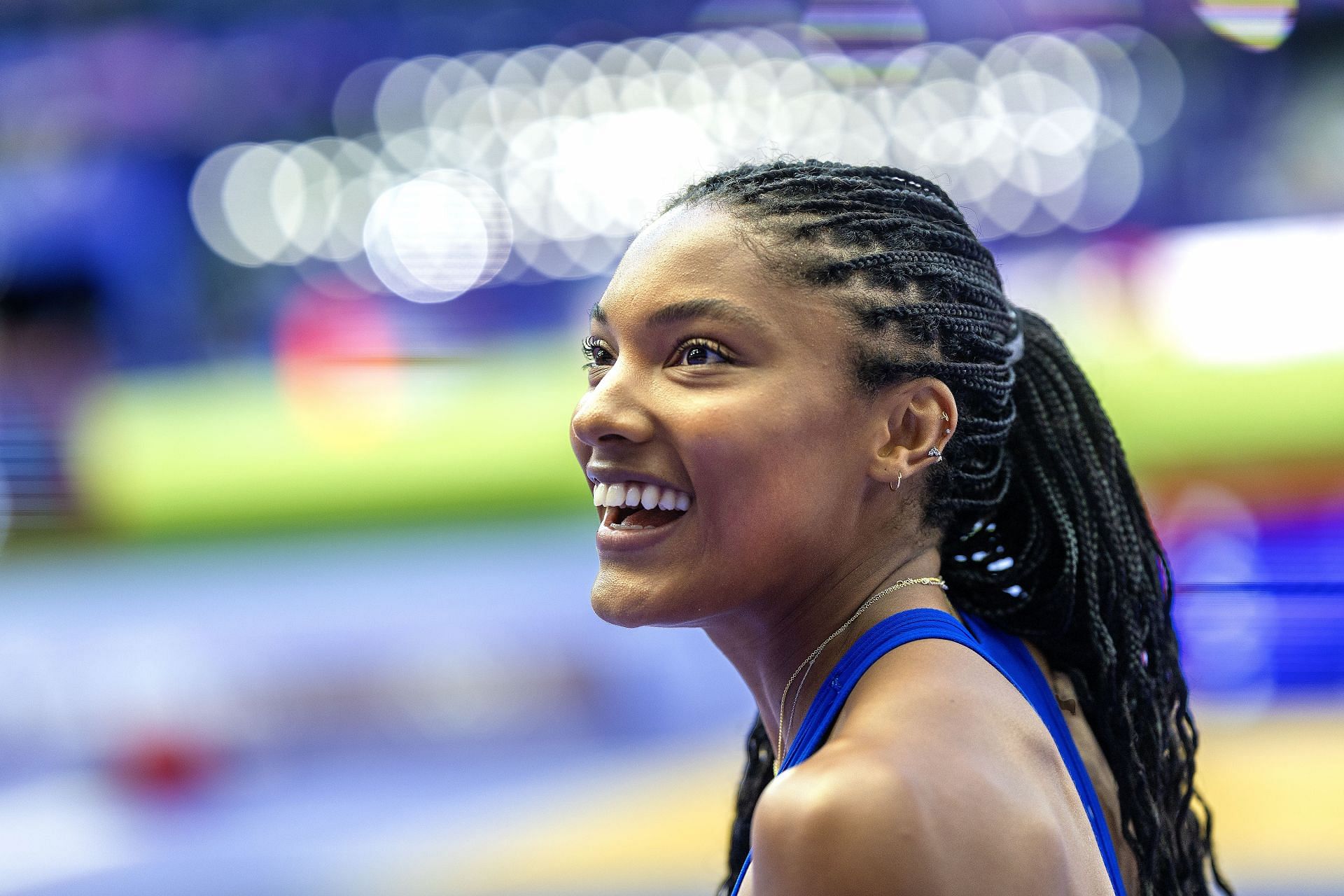 Tara Davis-Woodhall of the United States reacts after qualifying for the final during the Women&#039;s Long Jump qualification during the 2024 Summer Olympic Games in Paris, France. (Photo via Getty Images)