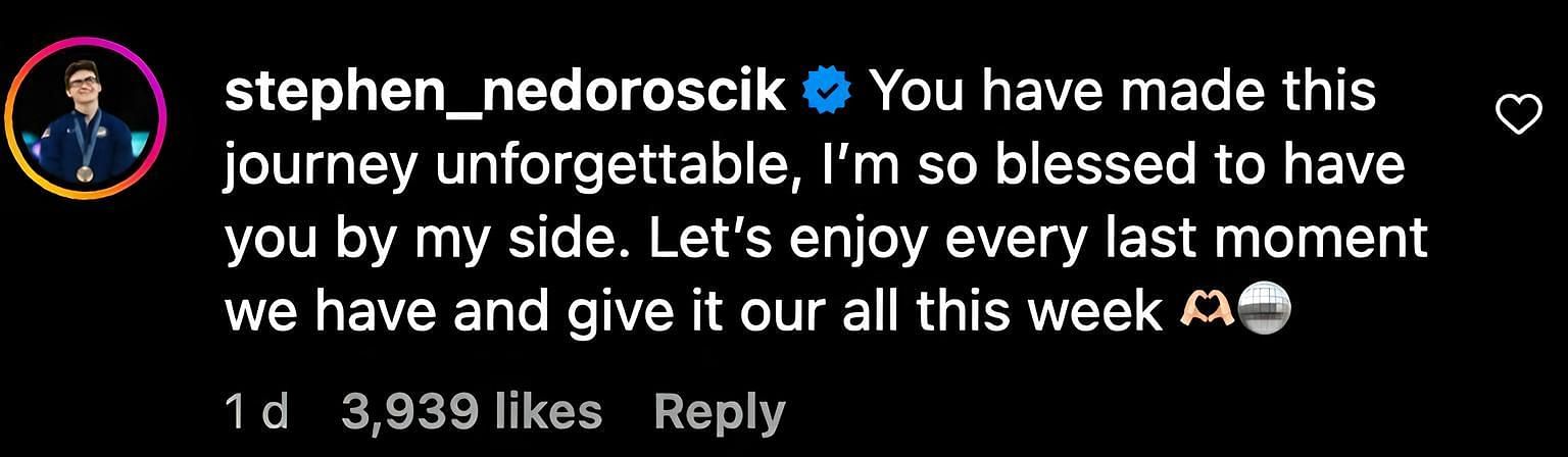 Stephen Nedoroscik&#039;s comment on Rylee Arnold&#039;s Instagram Post (Source: Instagram / @ryleearnold1)