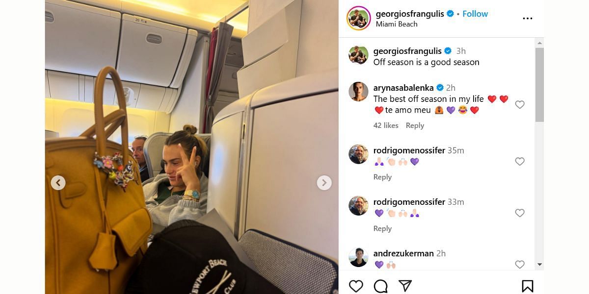 Aryna Sabalenka&#039;s comment on Georgios Frangulis&#039; post (Instagram @georgiosfrangulis)