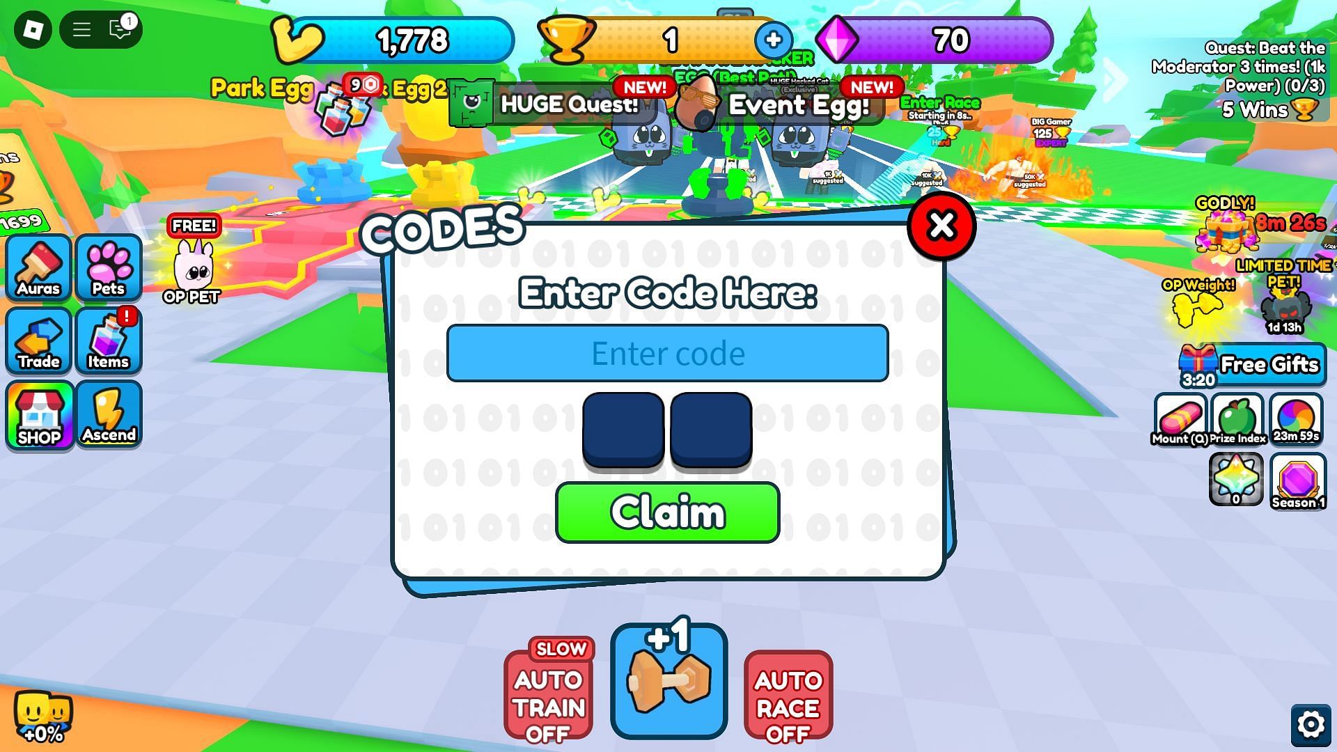 Codebox in Gym Race Simulator (Image via Roblox)