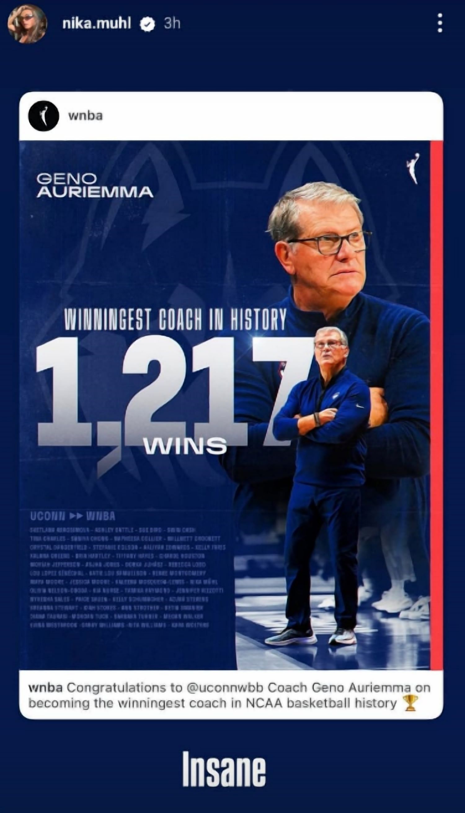 Nika Mühl celebrated Geno Auriemma’s achievement on Instagram (Picture Credit: Instagram)