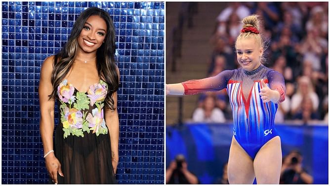 WATCH - Simone Biles tears up as she receives a bouquet from Joscelyn Roberson after emotional speech by teammate on the final night of GOAT