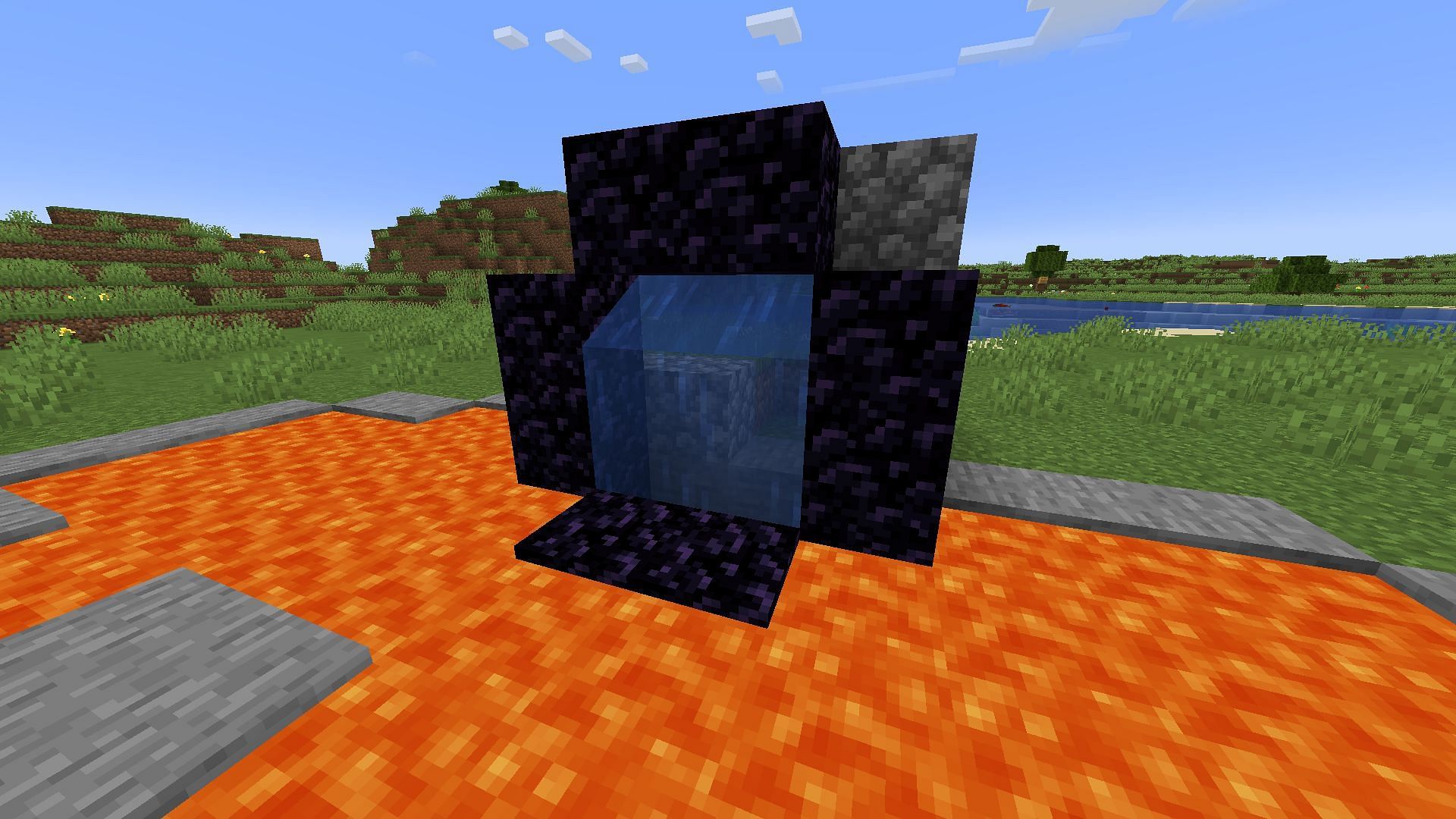 You can create a portal using obsidian made from lava and water (Image via Mojang Studios)