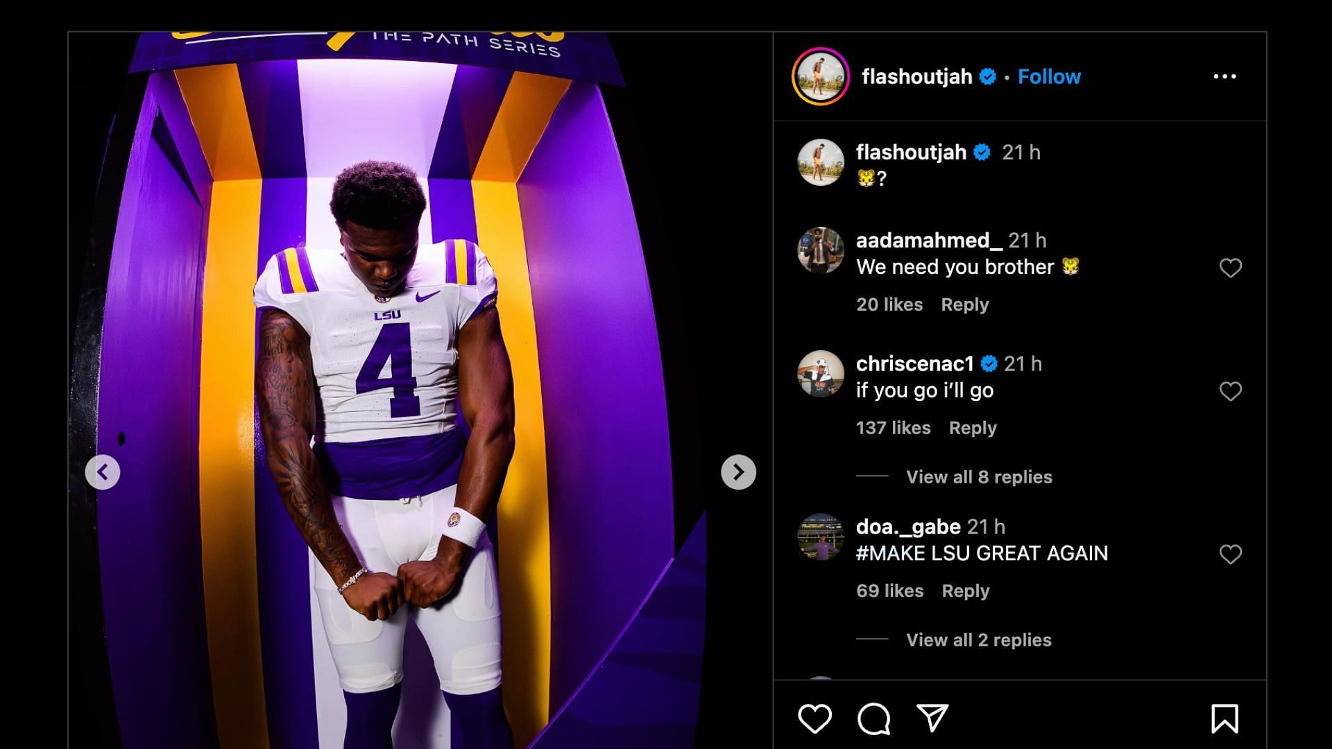 Chris Cenac Jr. comments on Jahkeem Stewart&#039;s post on his official visit to LSU Tigers (Credit: IG / @flashoutjah)