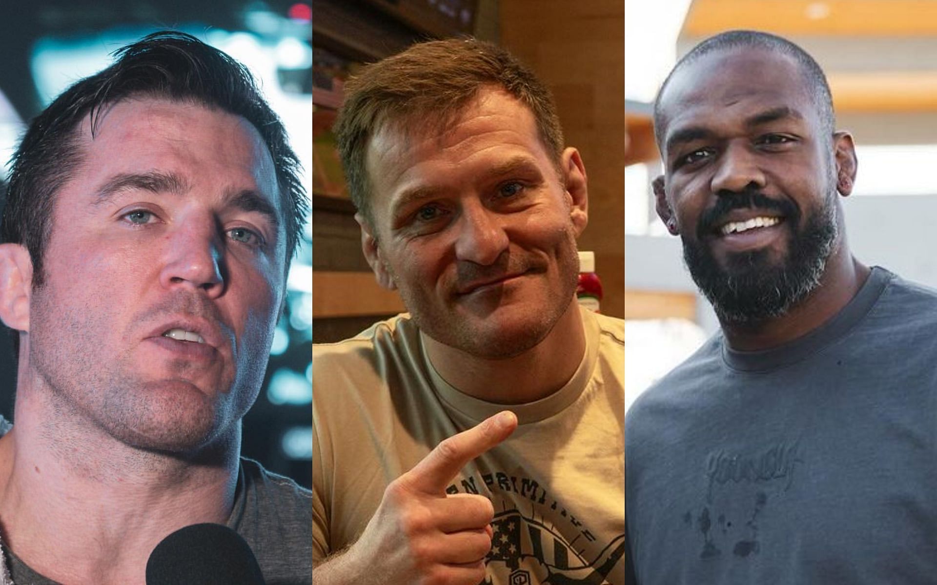 Chael Sonnen (left) stirs fans by calling Stipe Miocic (center) the 