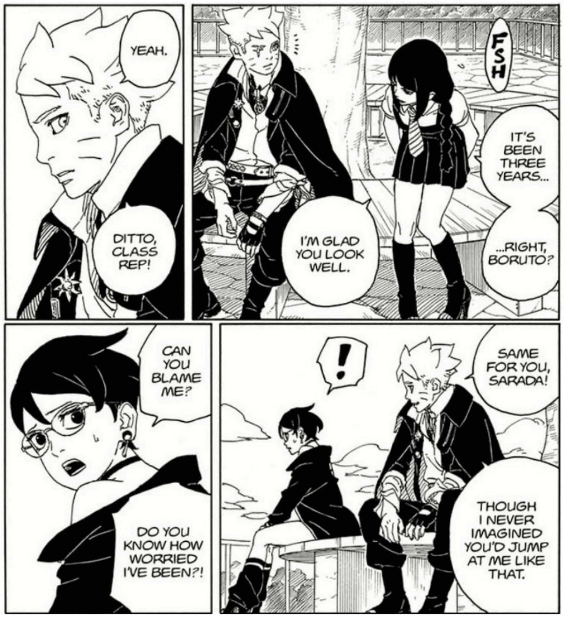 The Uzumaki boy&#039;s interactions with Sumire and Sarada (Image via Shueisha)