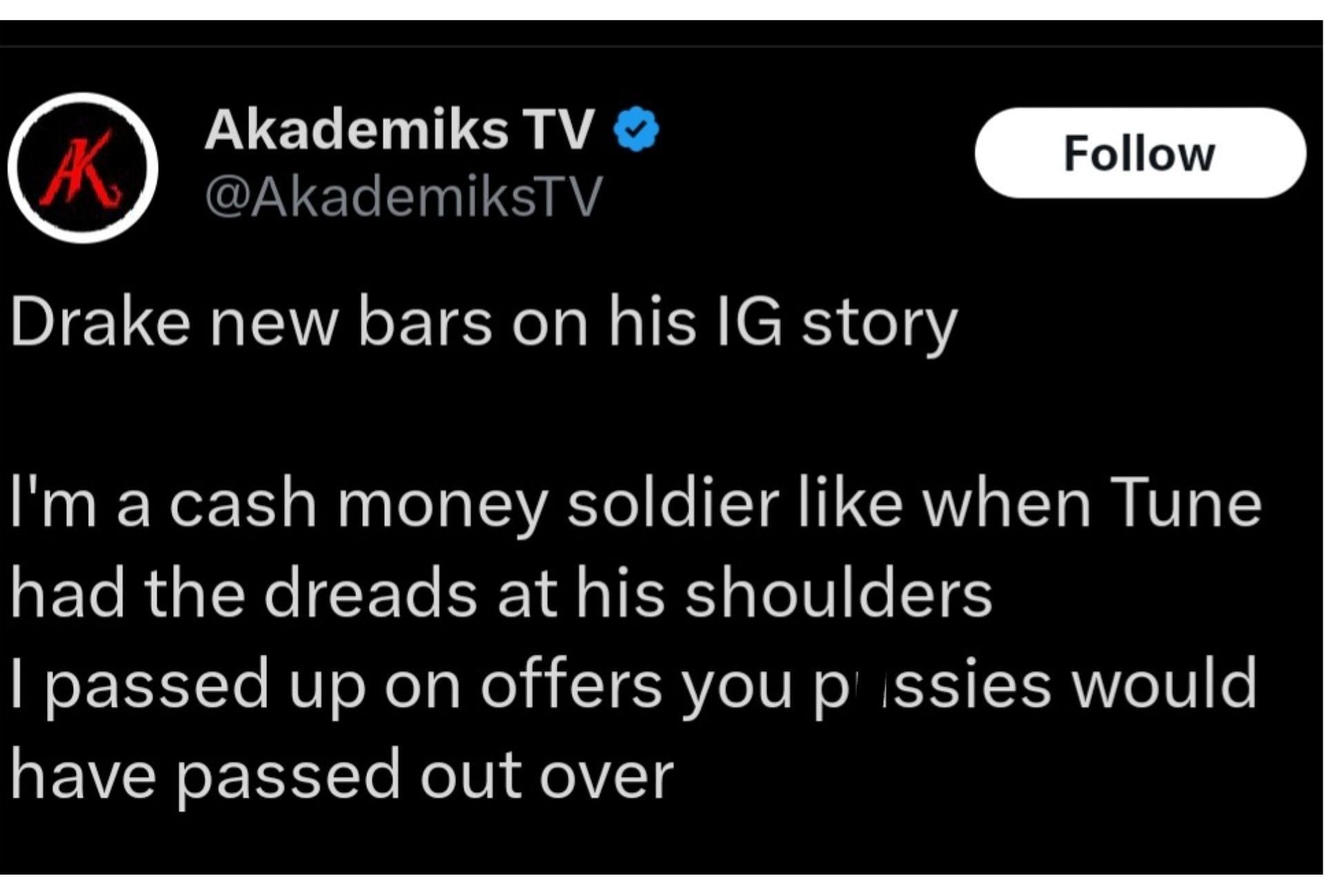 DJ Akademiks reshared Drizzy&#039;s Instagram post, (Photo by @AkademiksTV/X)