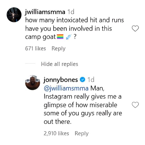 Jon Jones' reply to the fan who poked him regarding his previous hit-and-run incident. [Screenshot Courtesy: @jonnybones on Instagram]