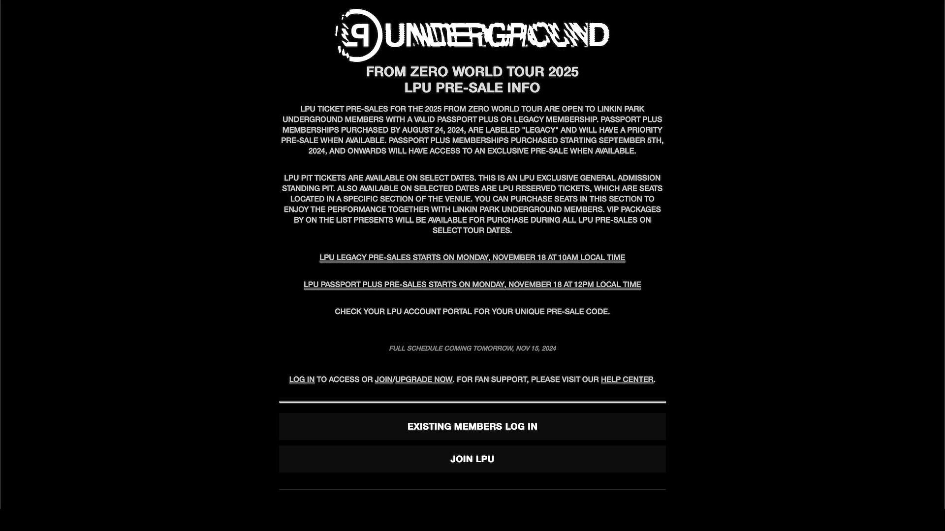 Screenshot of the disclaimer provided to all LPU members regarding pre-sale events for Linkin Park&#039;s upcoming &quot;From Zero World Tour&quot; (Image via lpunderground.com)