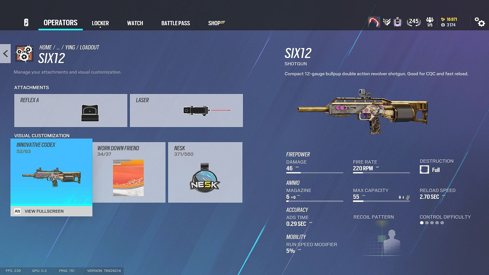 SIX12 primary shotgun in Ying loadout in Rainbow Six Siege (Image via Ubisoft)