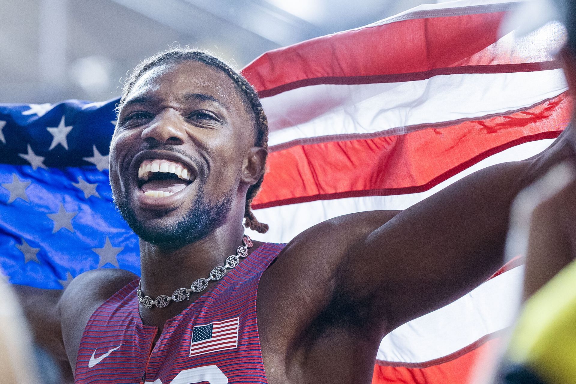 Noah Lyles after his Men&#039;s 200m victory at the 2023 World Championships in Budapest (Image via: Getty Images)