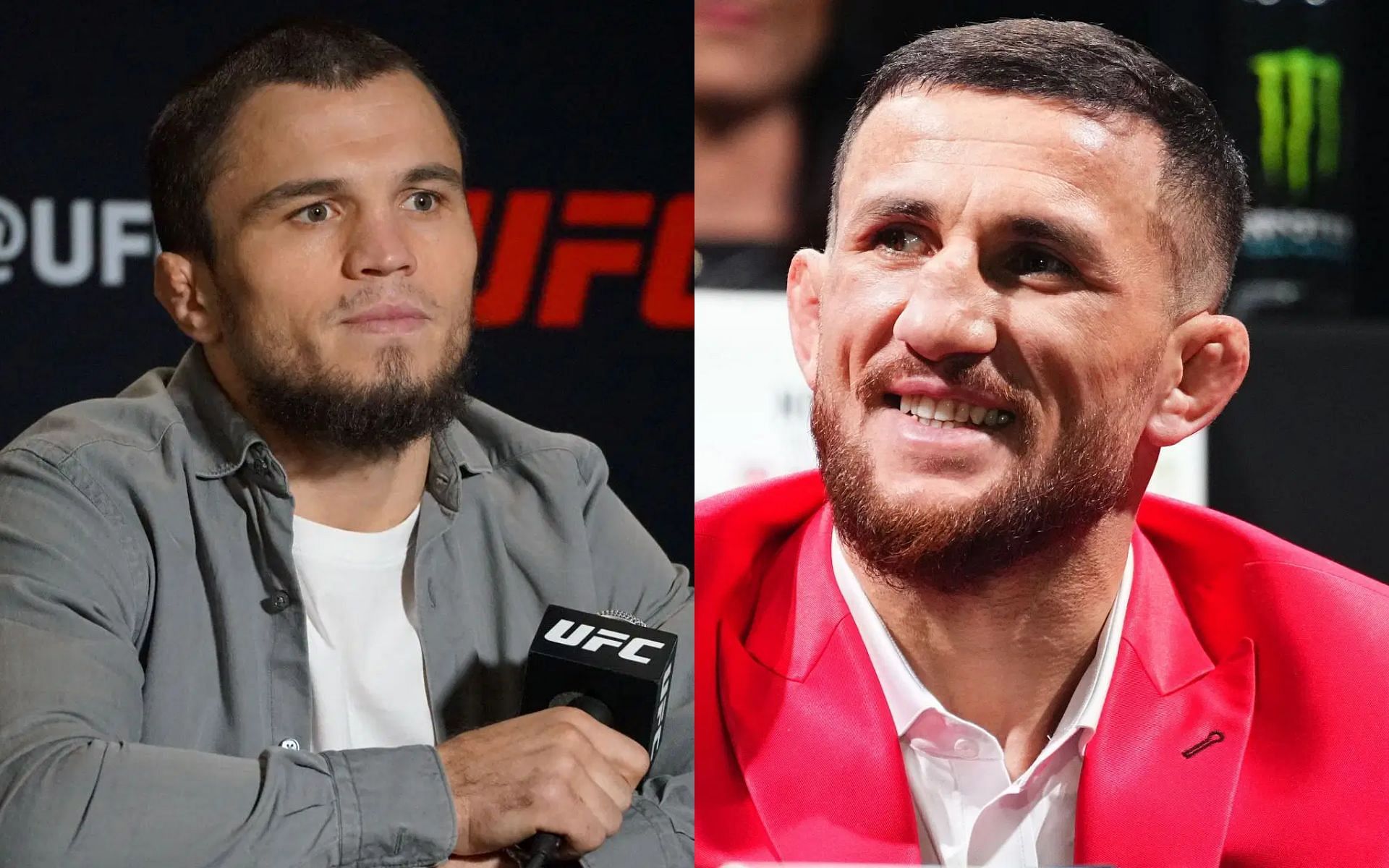 Umar Nurmagomedov (left) shares ice-cold reaction to Merab Dvalishvili (right) calling out Petr Yan [Images courtesy: Getty Images]