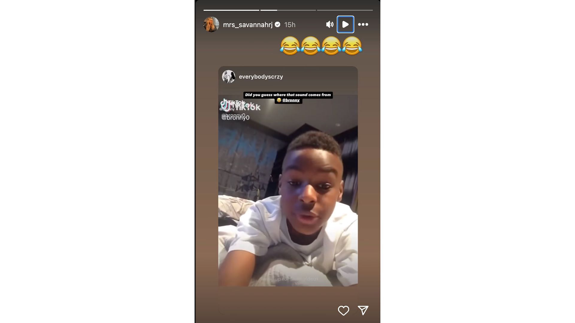 S. James shares a classic Tik Tok video of Bronny James sharing a message. Photo Credits: Savannah James&#039;s IG accout