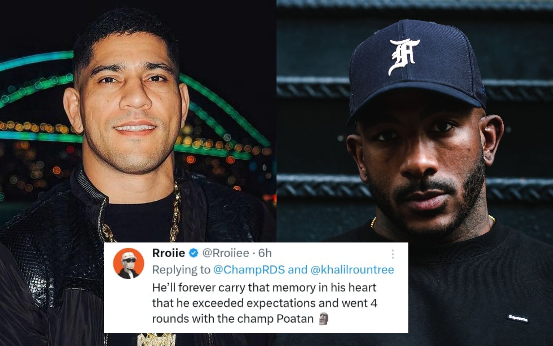 Fans react to Khalil Rountree Jr. (right) framing fight kit from Alex Pereira ((left) fight. [Image courtesy: @alexpoatanpereira and @khalilrountree]