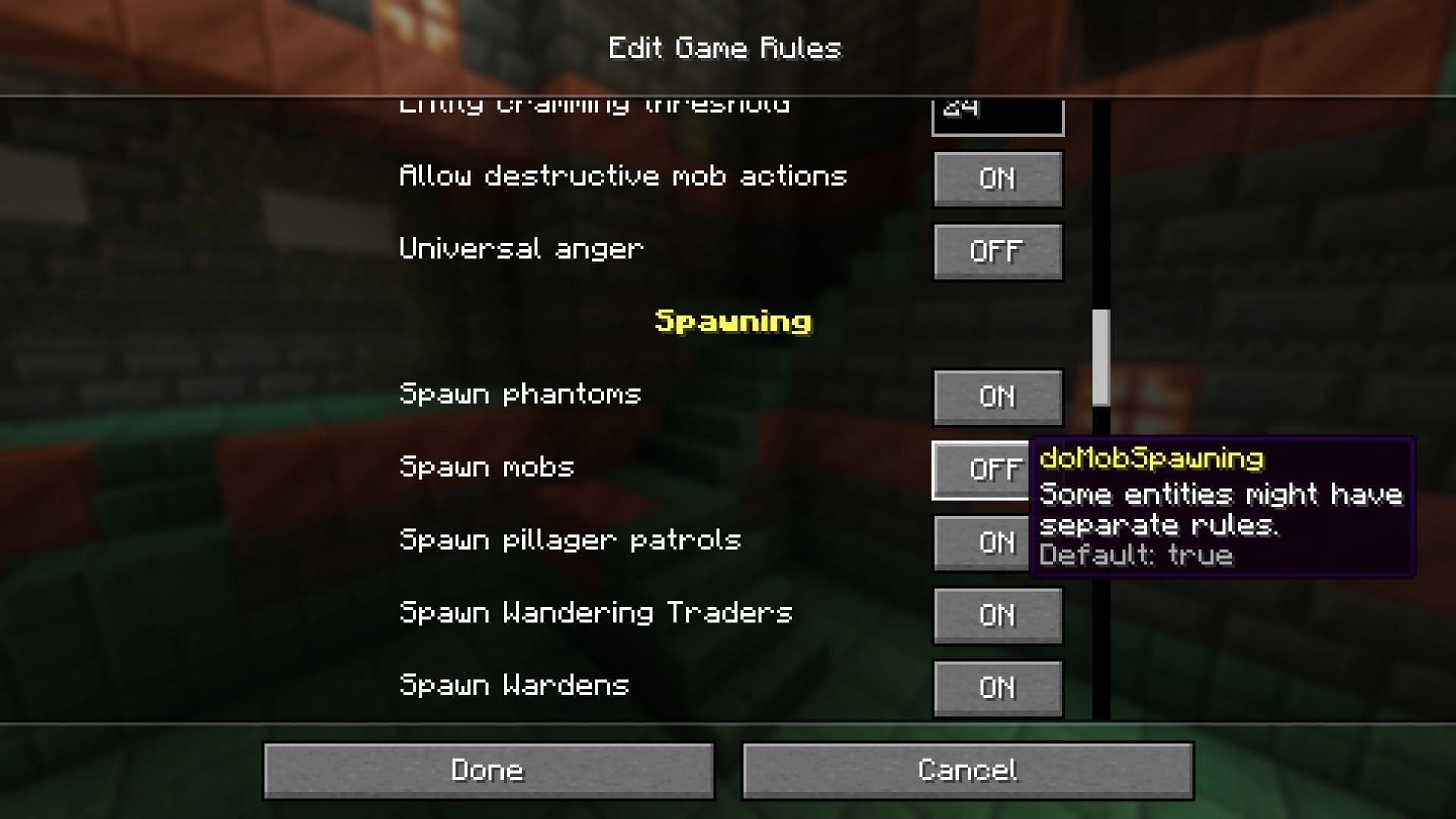 Turn off the Spawn mobs to play Minecraft without monsters (Image via Mojang Studios)