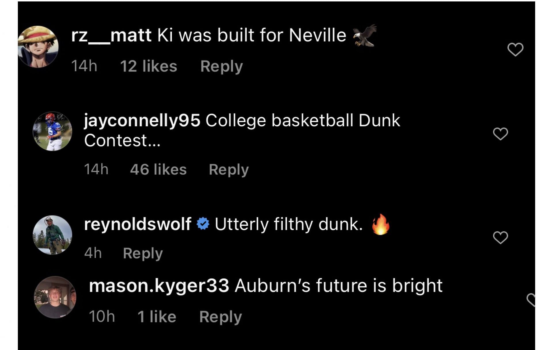 College hoops fans&#039; comments on Jahki Howard&#039;s dunk in Auburn vs Monmouth game. IG image via @ballgame