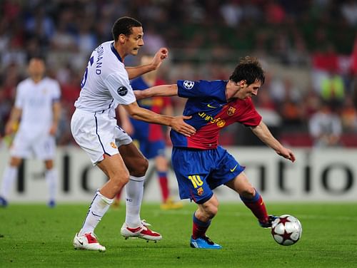 L to R: Rio Ferdinand and Messi in the 2009 UCL final - Source: Getty