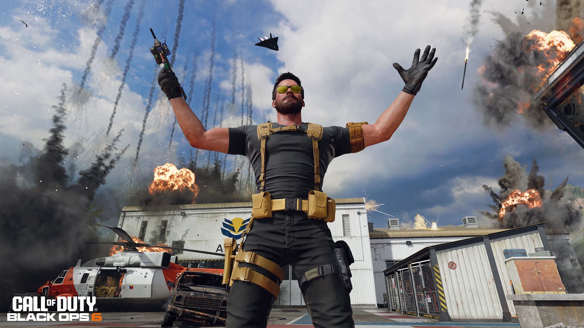 An Operator in Warzone and Black Ops 6 Season 2 raising their arms in the air as explosions happen in the background