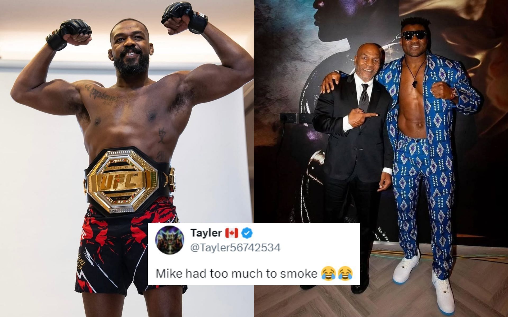 Fans react to Mike Tyson (center) getting confused about the Francis Ngannou (right) vs. Jon Jones (left) matchup. [Images courtesy: @ufc and @francisngannou on Instagram]