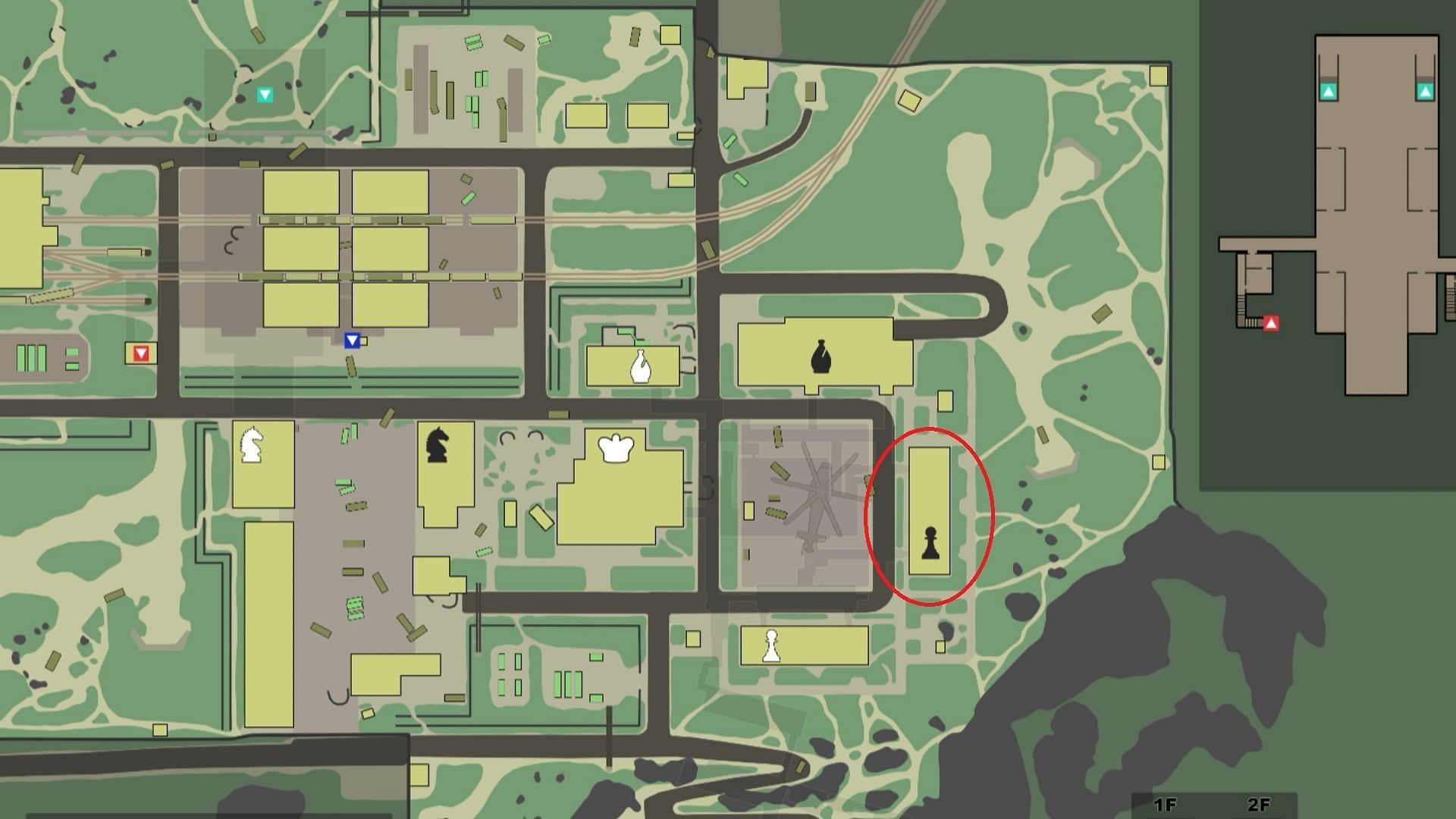 The location of the Barracks with the &quot;Black Pawn&quot; logo on Reserve. (Image via Battlestate Games || Tarkov Wiki)