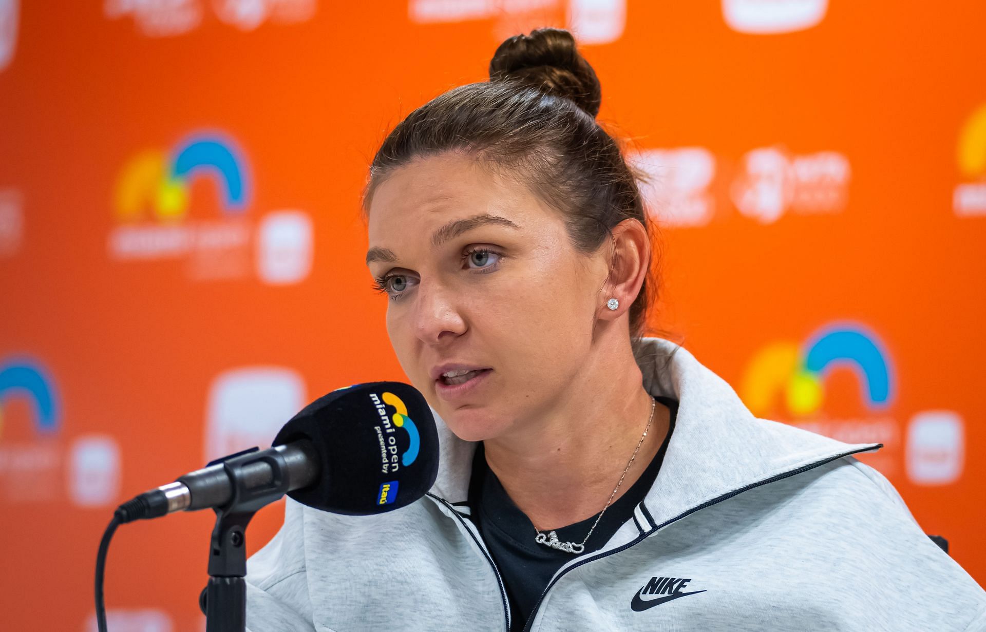 Simona Halep speaking to the press [Source: Getty]