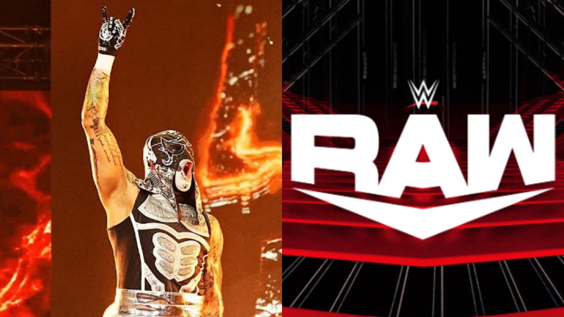 Penta (left) and WWE RAW logo (right). (Image credits: AEW YouTube channel &amp; wwe.com)