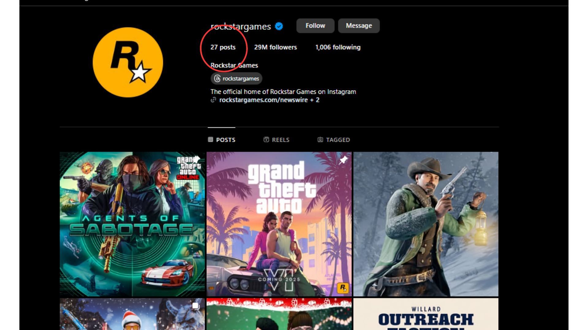 A screenshot of Rockstar Games&#039; Instagram account home page (Image via Instagram)