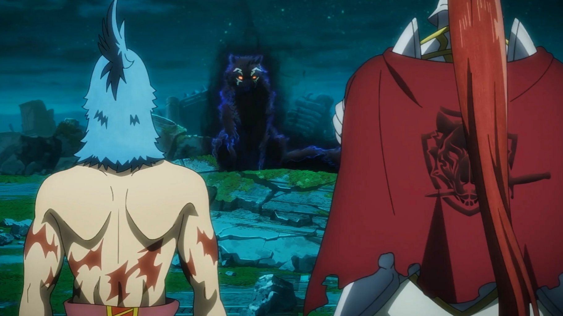 Sunraku and Rei Saiga standing in front of Lycagon in the most recent episode (Image via C2C).