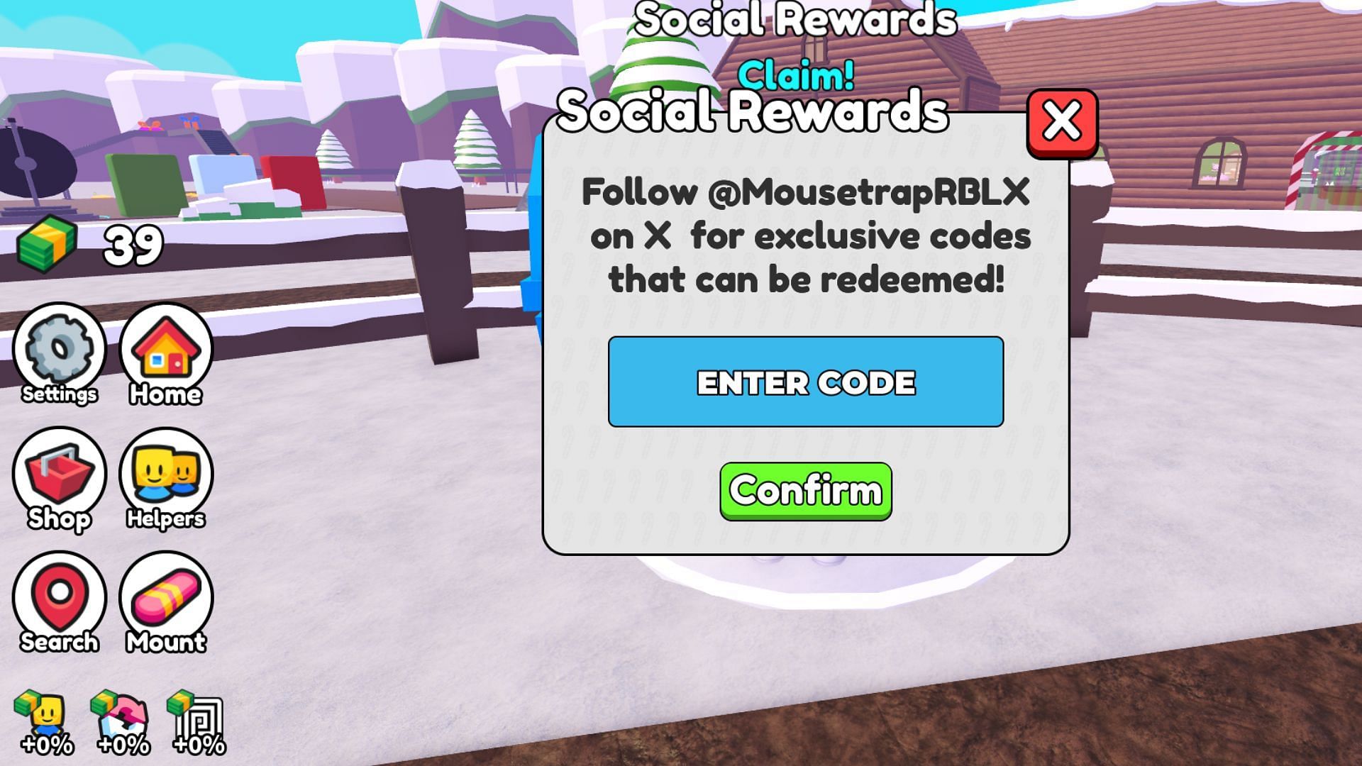 Redeeming codes in Christmas Tycoon is straightforward (Image via Roblox)