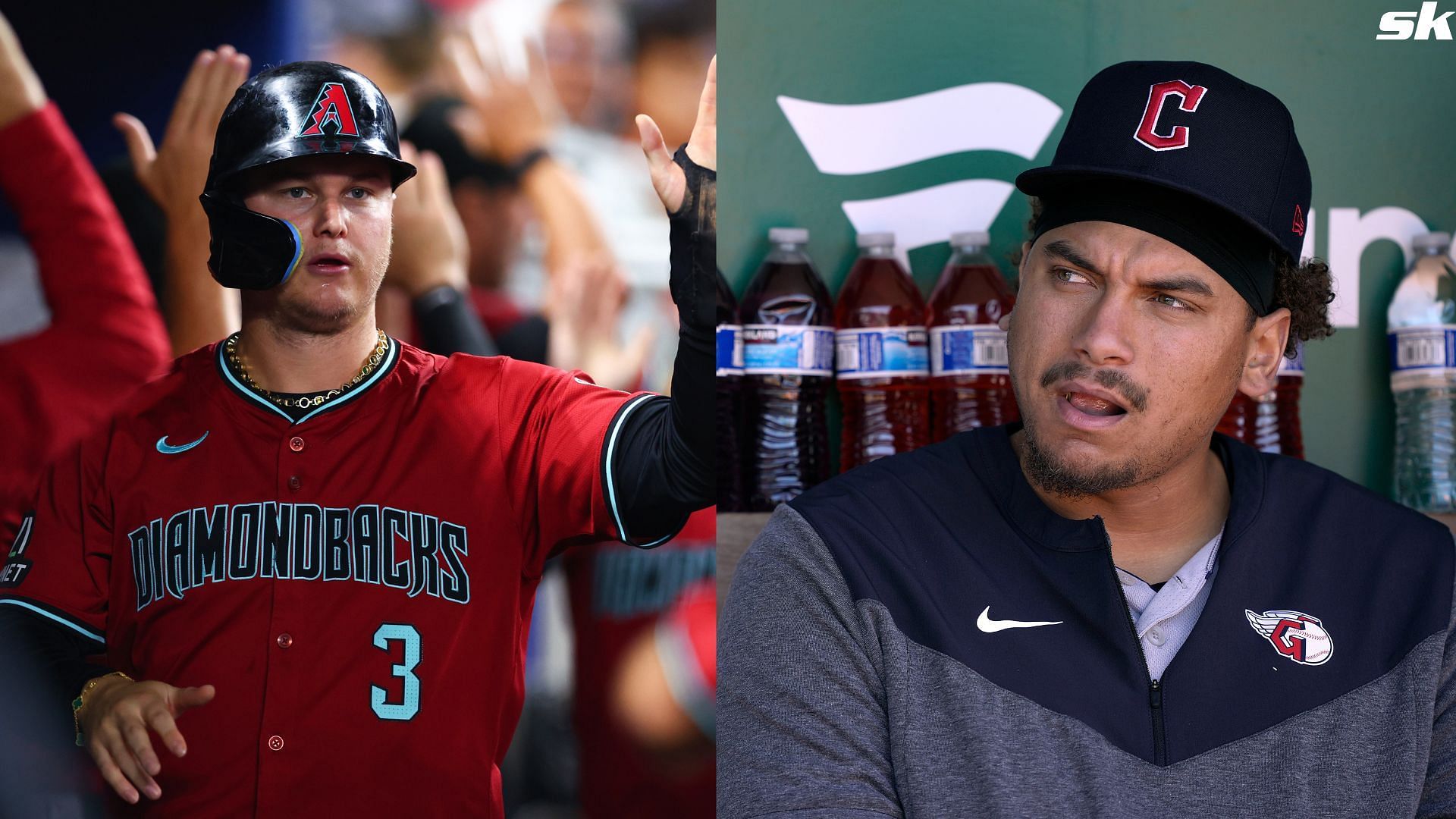 Josh Naylor of the Cleveland Guardians looks on from the dugout prior to the start of the game against the Oakland Athletics at RingCentral Coliseum (Source: Getty)