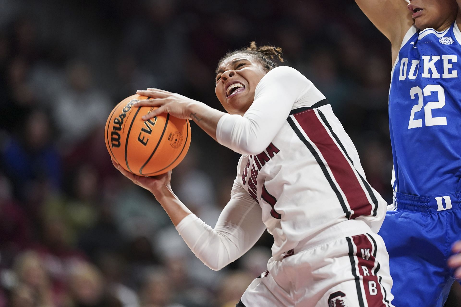 Maddy McDaniel (#1) of the South Carolina Gamecocks shoots the ball against Taina Mair (#22) of the Duke Blue Devils during the fourth quarter of their NCAA game at Colonial Life Arena. Photo: Getty