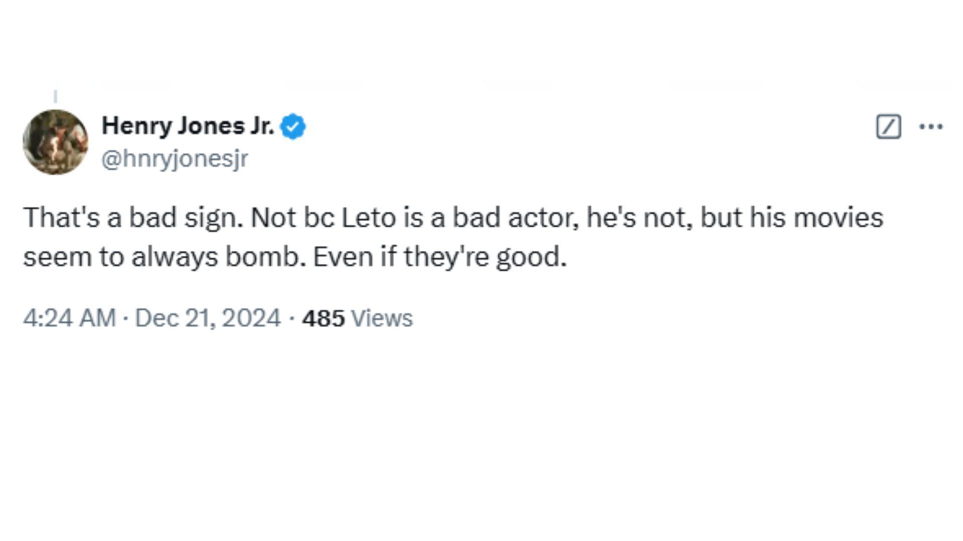 A fan reacts to the Jared Leto casting (Image via X/@hnryjonesjr)