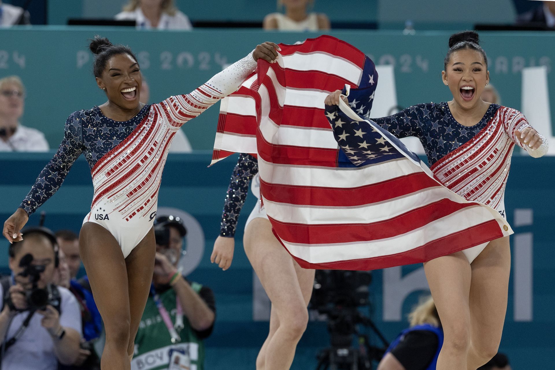 Suni Lee and Simone Biles celebrating victory at the Olympic Games Paris 2024: (Source: Getty)