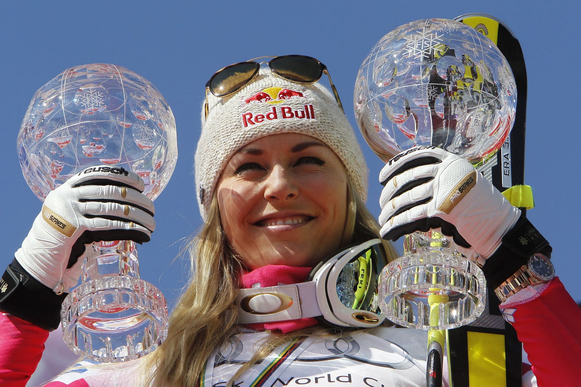 Vonn with her super-g and downhill trophies at the 2025 FIS Ski World Cup finals in France (Image via: Getty Images)