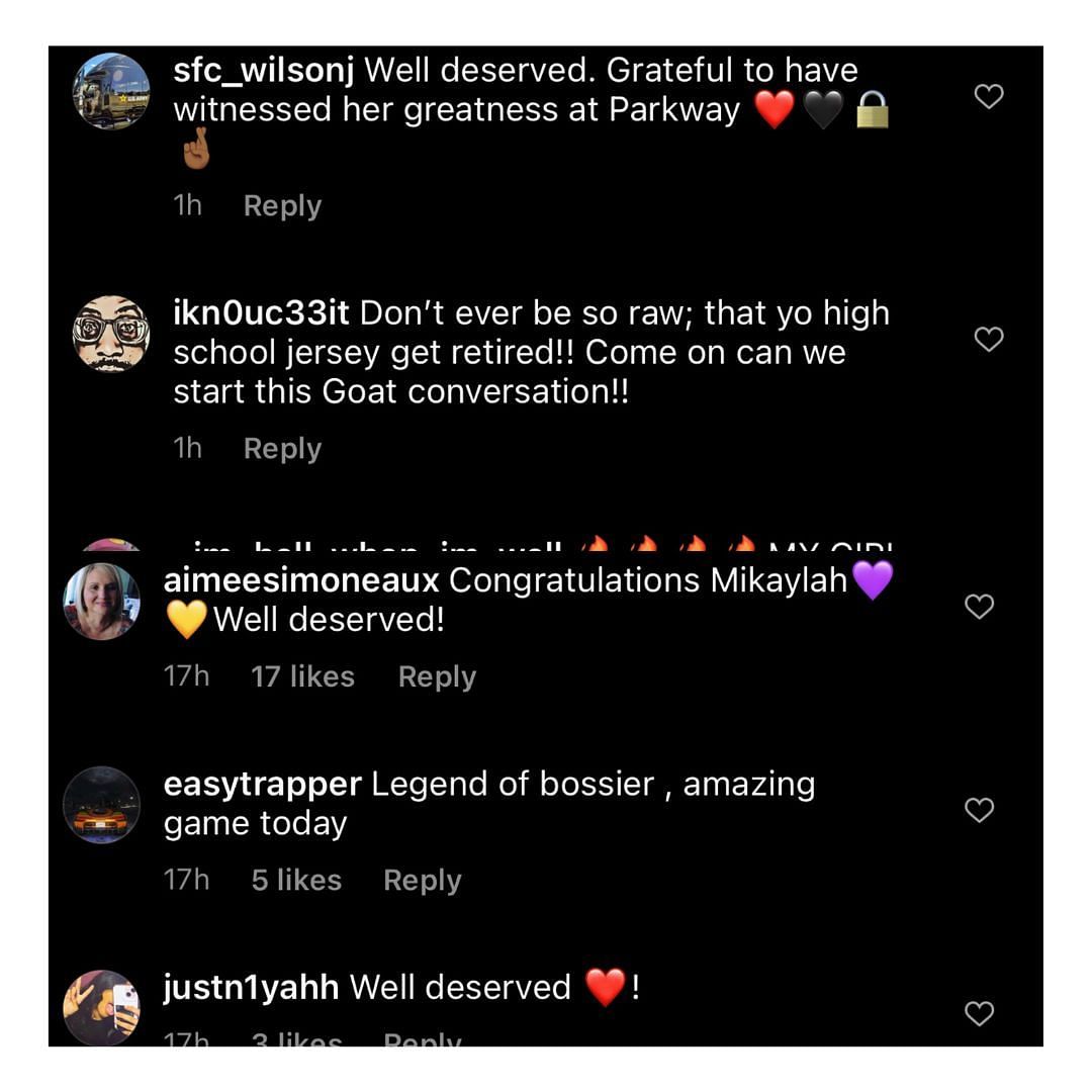 Fans&#039; comments on IG after Mikaylah Williams&#039; no. 12 jersey was retired by Parkway High School. Image source via @lsuwkb