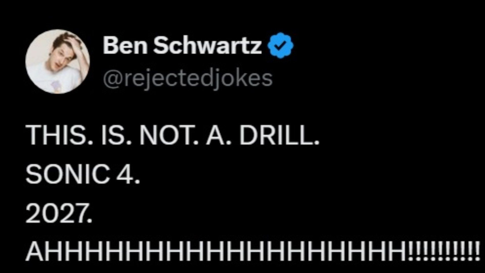 A screenshot of Ben Schwartz&#039;s tweet regarding Sonic the Hedgehog 4 (Image via X/@Ben Schwartz)