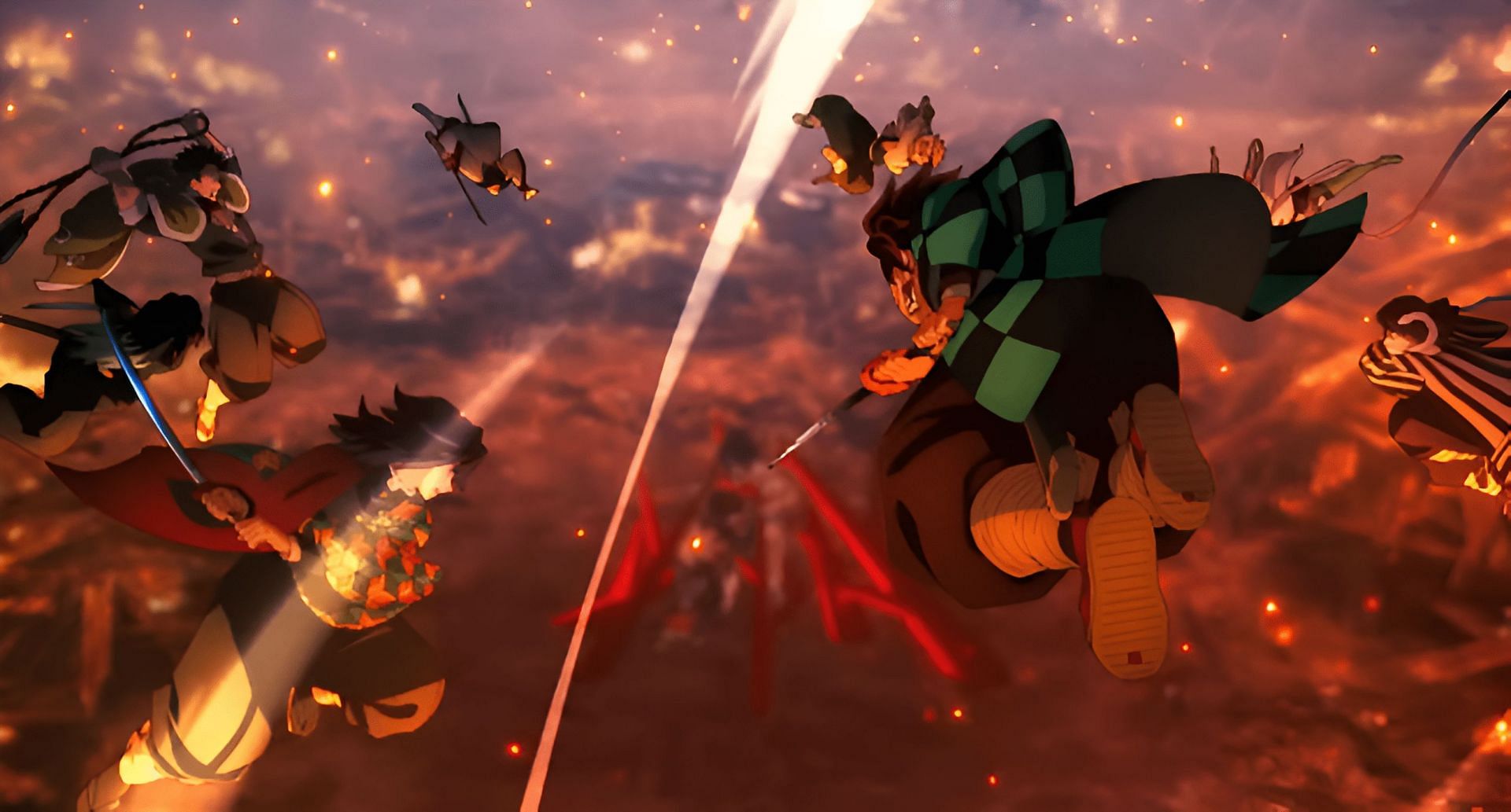 The Hashira and Tanjiro rushing onto Muzan (Image via Ufotable)