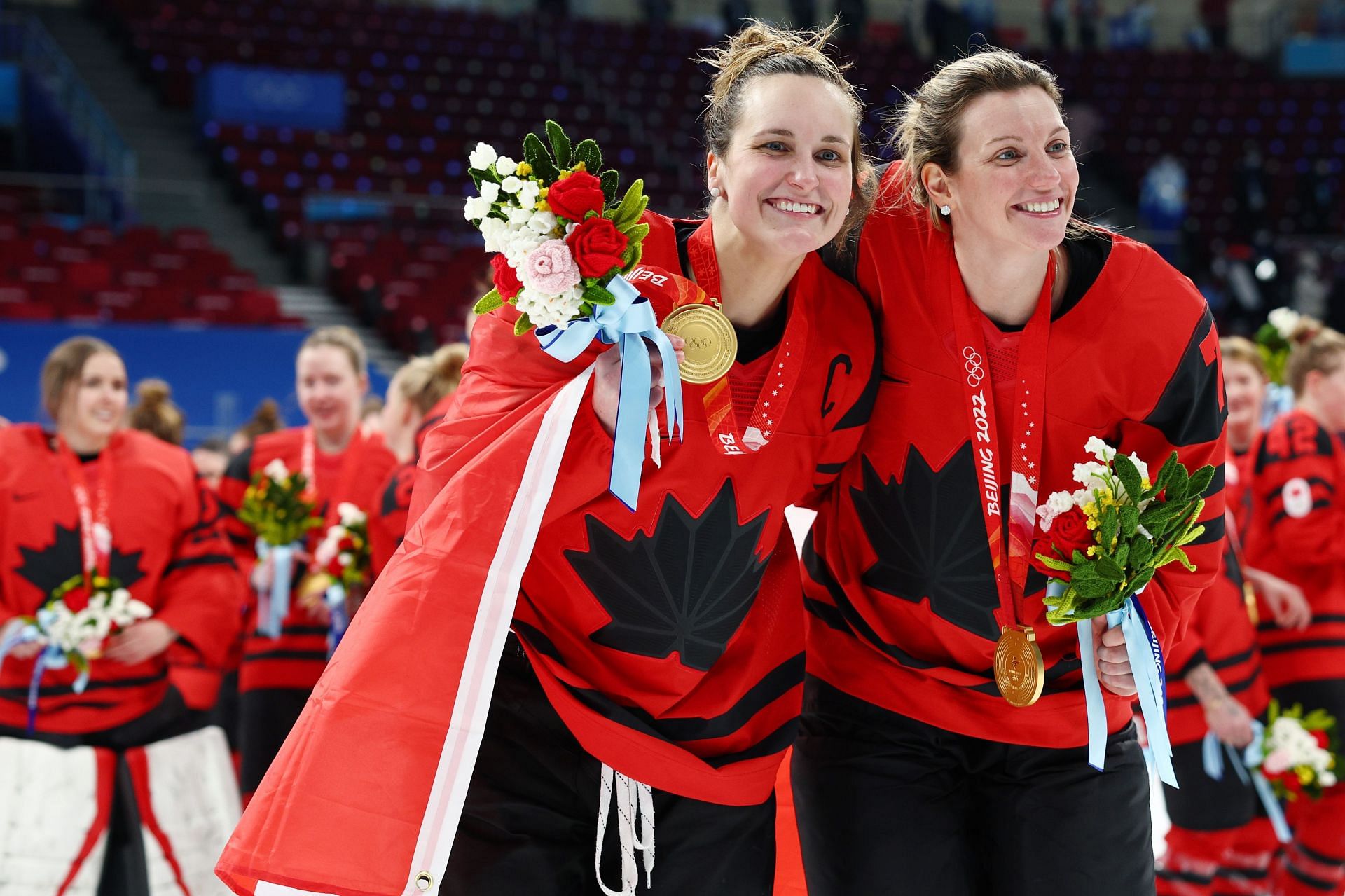 Team Canada&#039;s Marie-Philip Poulin #29 and Laura Stacey #7 celebrate after winning the Women&#039;s Ice Hockey Gold Medal match against the USA at the Beijing 2022 Winter Olympic Games (Credits: Getty)