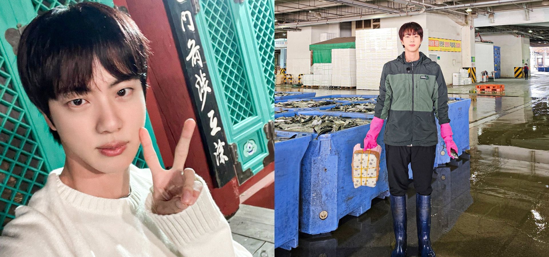 BTS Jin helping women staff at the mackerel packaging factory in tvN