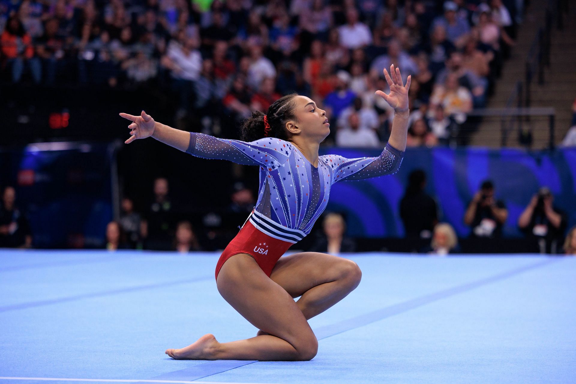 Hezly Rivera competes in the floor exercise during the women&#039;s U.S. Olympic Gymnastics Trials in Minneapolis. (Photo by Nikolas Liepins/Anadolu via Getty Images)