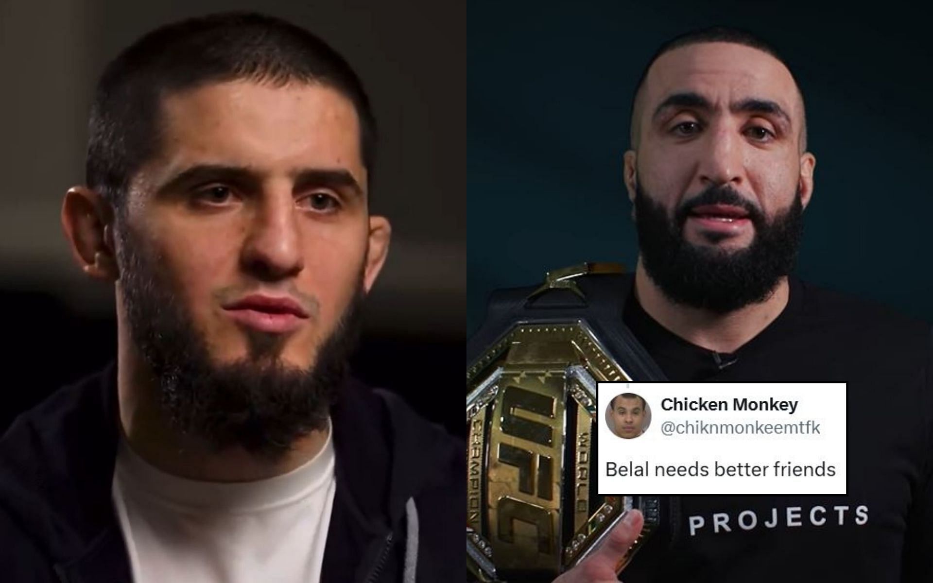 Fans react (insert) to Islam Makhachev (left) subtely implying that he wants a &quot;second belt&quot; at welterweight, a division ruled by his friend Belal Muhammad (right). [Image credit: @Home_of_Fight on X, @bullyb170 on Instagram]