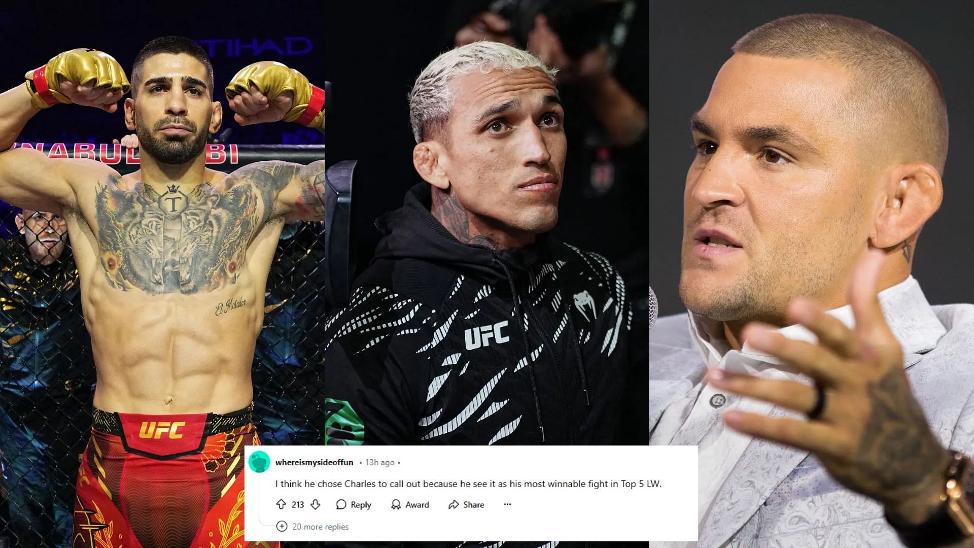 Ilia Topuria (left) wants to fight Charles Olivera (middle) and not Dustin Poirier (right) [Images courtesy: Getty Images]