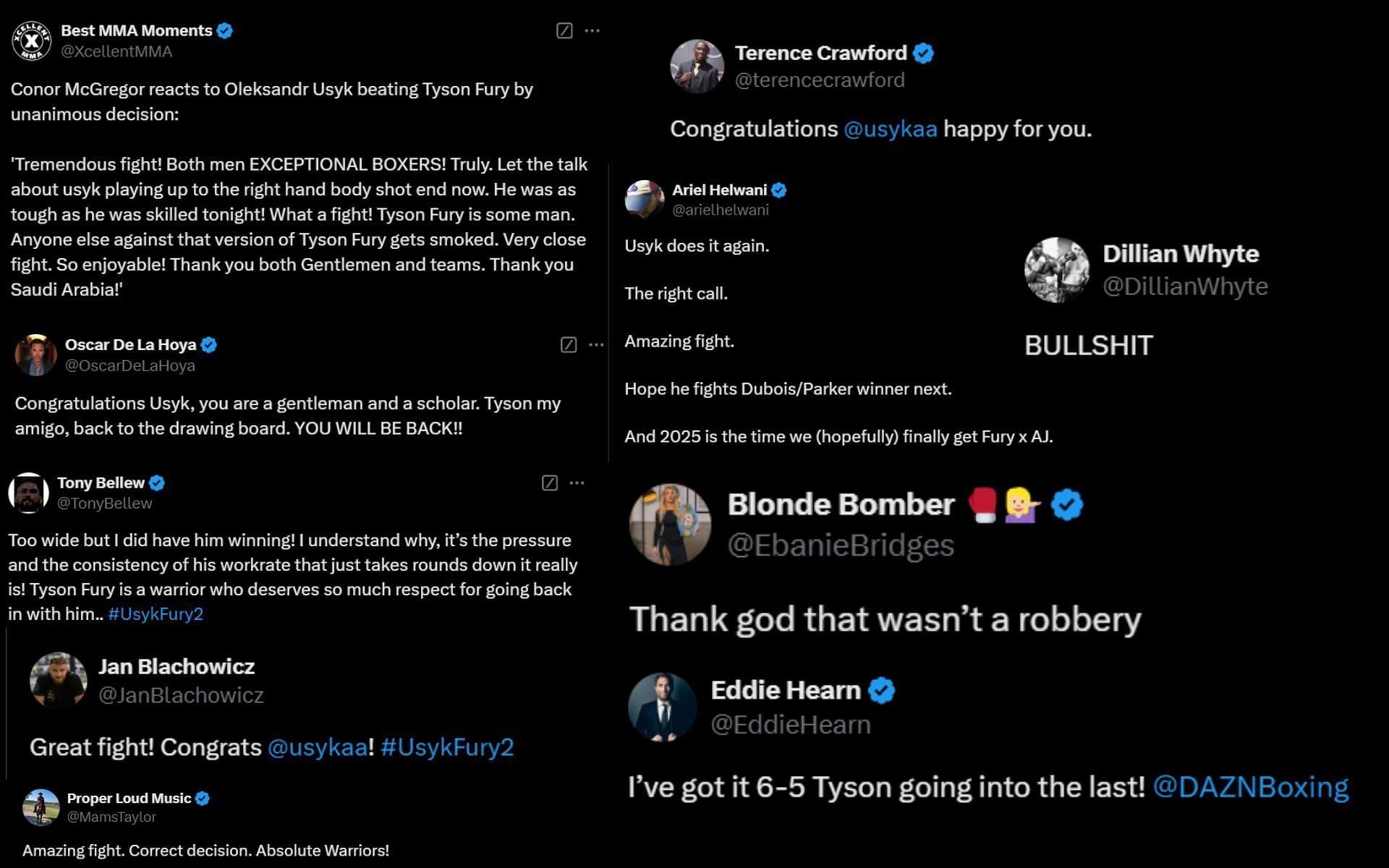 Combat sports world reacts to Oleksandr Usyk&#039;s unanimous decision win over Tyson Fury in rematch. [Screenshots from X]