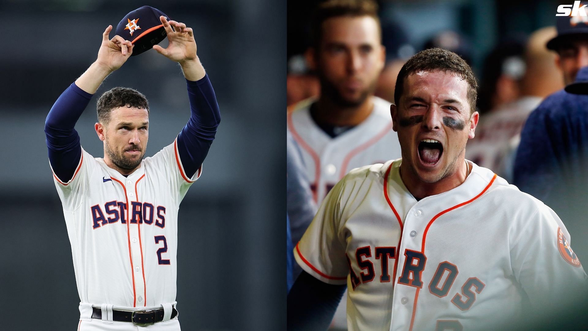 Alex Bregman of the Houston Astros celebrates with teammates in the dugout after hitting a home run against the Boston Red Sox at Minute Maid Park (Source: Getty)