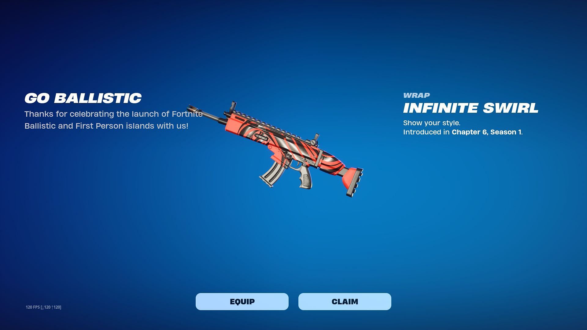 Simply log into the game to collect the Infinite Swirl (Go Ballistic) Wrap in Fortnite for free (Image via Epic Games)