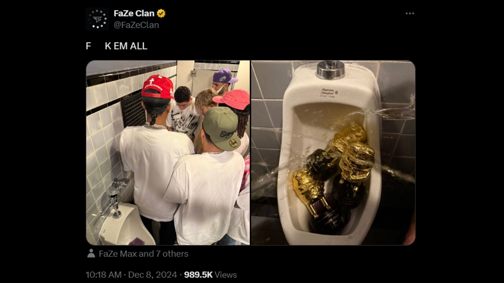 The post uploaded to FaZe Clan&#039;s official account supposedly shows its members urinating on the awards received by them (Image via @FaZeClan/X)