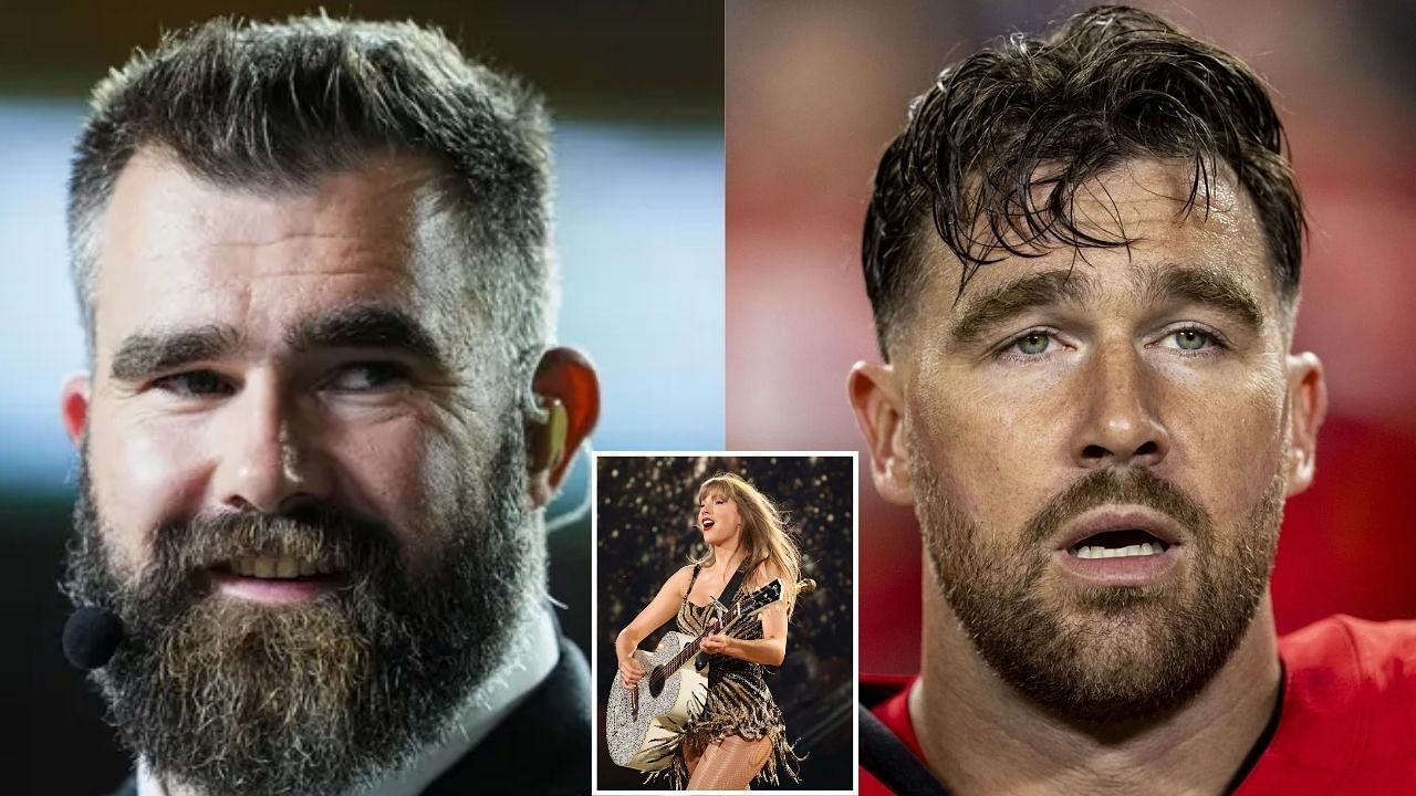 Jason Kelce (Source: Imagn) | Travis Kelce and Taylor Swift (Source: Getty)